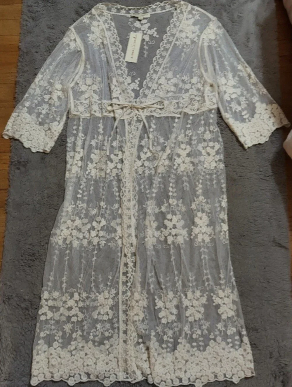 Thirty/Thirty LA Sheer Mesh Crochet Lace Kimono Tie Waist Cover Up